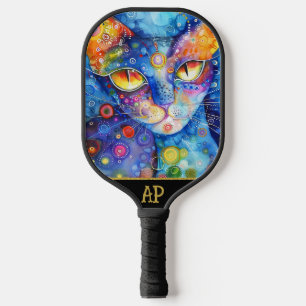 *~* AP68 Whimsical Quirky Cat Vibrant Colorful 4 Pickleball Schläger