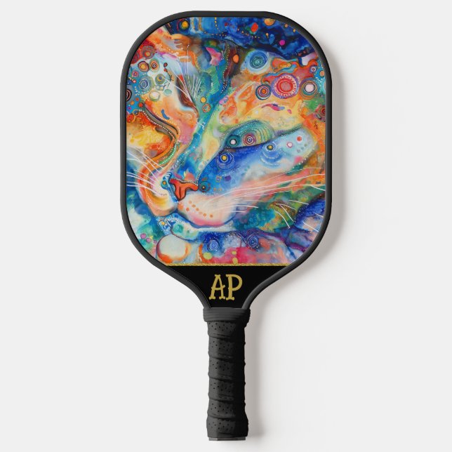 *~* AP68 Whimsical Quirky Cat Vibrant Colorful 7 Pickleball Schläger (Vorderseite)