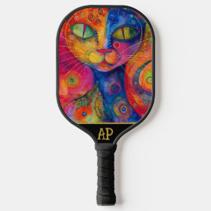 *~* AP68 Whimsical Quirky Cat Vibrant Colorful 8 Pickleball Schläger