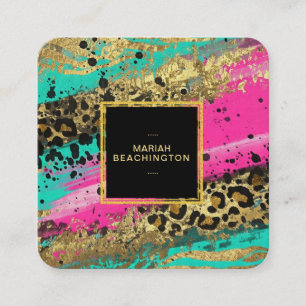 **aP93 Leopard Abstrakt Animal Neon Gold Fett Quadratische Visitenkarte
