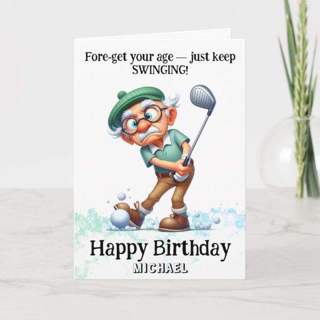 *~* AP94 Fun Senior Man Golf Swing Birthday Card Dankeskarte (Vorderseite)