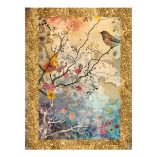 * AP95 Whimsical Floral Art Nature BIRD Glitzer Fotodruck