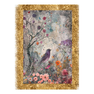 * AP95 Whimsical Floral Art Nature Gold Glitzer Fotodruck
