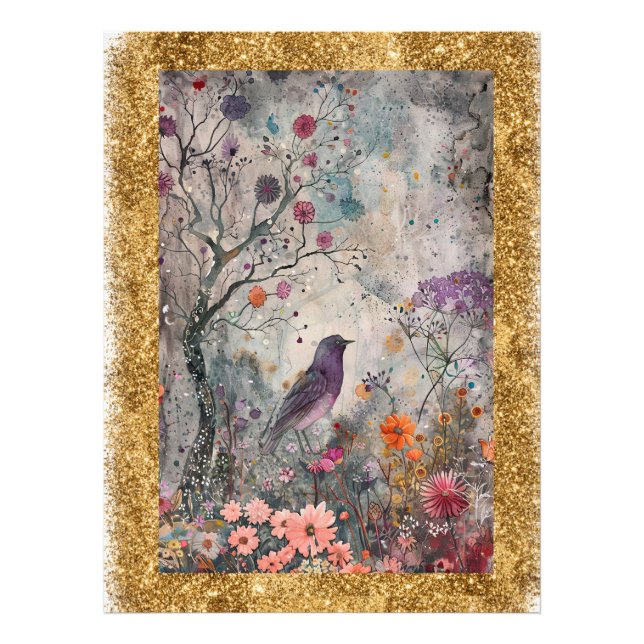 * AP95 Whimsical Floral Art Nature Gold Glitzer Fotodruck (Vorne)