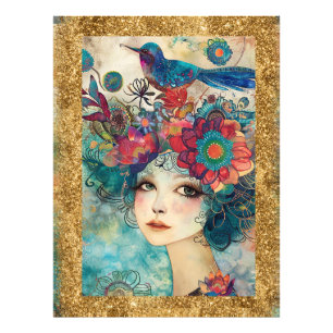 * AP95 Whimsical Woman Floral Gold Glitzer art Fotodruck
