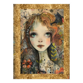 *~ AP95 Whimsical Woman Gold Glitzer Floral Fotodruck
