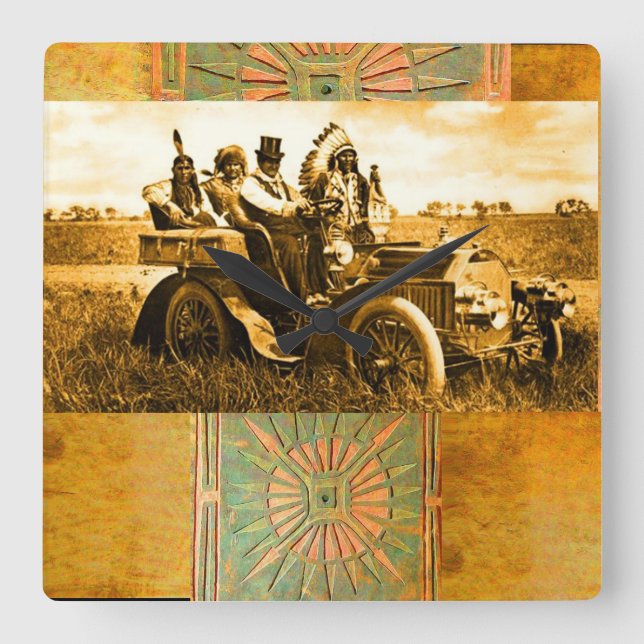 APACHEN UND GERONIMO FAHREN MIT KRAFTFAHRZEUG QUADRATISCHE WANDUHR (Vorderseite)