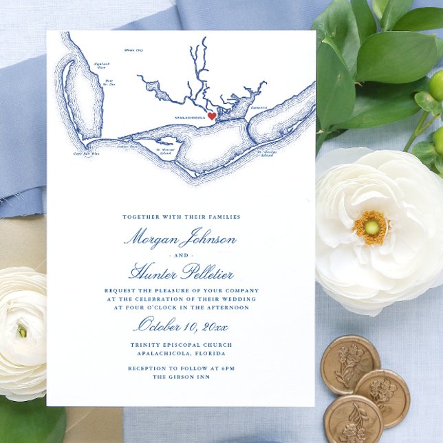 Apalachicola FL Map Elegant Navy Wedding Einladung (Apalachicola Wedding Invitation with Elegant navy blue Florida map from Coastal Map Designs)