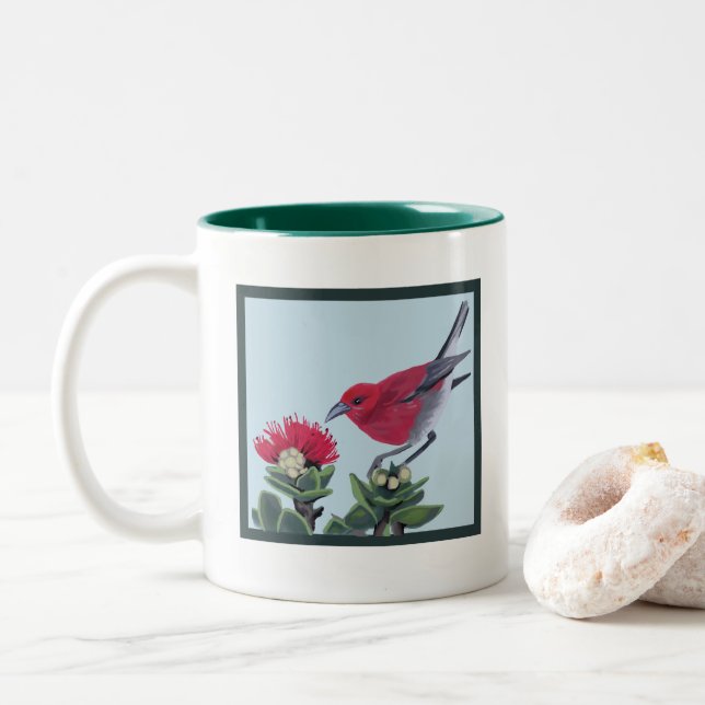 Apapane und Lehua-Blüte Hawaii Natur-Illustration Zweifarbige Tasse (Mit Donut)
