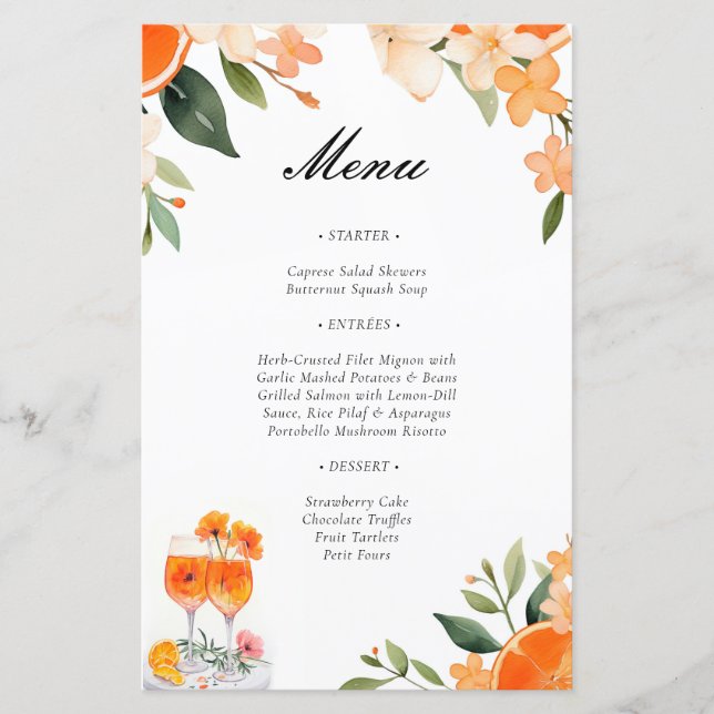Aperol Spritz Floral Brautparty Menu (Vorderseite)