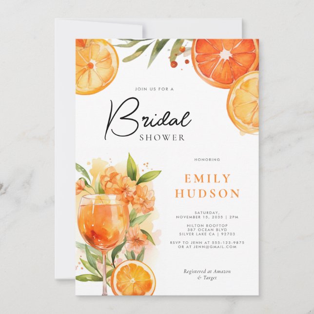 Aperol Spritz Watercolor Bridal Dusche Einladung (Vorderseite)