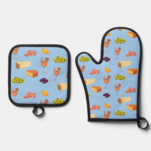 Aperol- und Käse-Muster Ofenhandschuh & Topflappen-Set (Vorderseite)