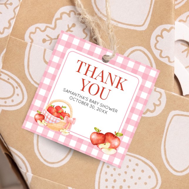 Apfel auf unserem Baby-Duschplatz Geschenkanhänger (The Apple of Our Eye Gingham Baby Shower Square Favor Tags)