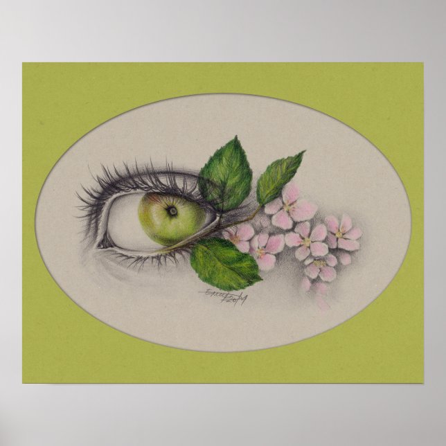 Apfel aus meinem Auge Surreal zeichnend Kunst Grün Poster (Vorne)