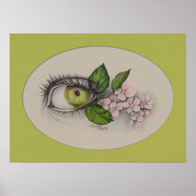 Apfel aus meinem Auge Surreal zeichnend Kunst Grün Poster (Vorne)