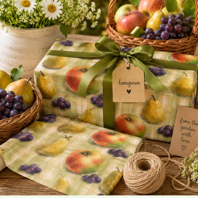 Apfel-Birnen-Bauernhaus-Frucht-Verpackungspapier Geschenkpapier (Orchard harvest gift wrap for homemade gifts, preserves, baking, and kitchen gifting.)