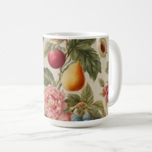 Äpfel, Birnen, Trauben, rosa Blume. Französisch ge Kaffeetasse