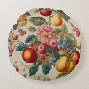 Äpfel, Birnen, Trauben, rosa Blume. Französisch ge Rundes Kissen