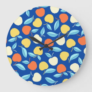 Äpfel Blätter, blauer Hintergrund, nahtloses Muste Große Wanduhr