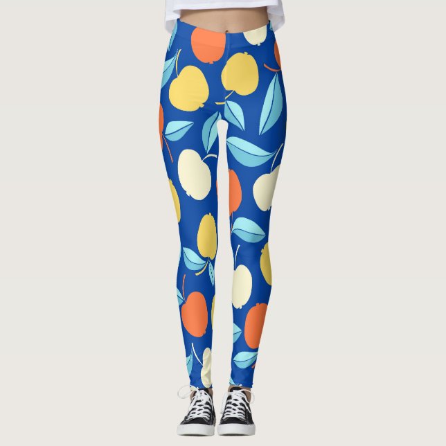 Äpfel Blätter, blauer Hintergrund, nahtloses Muste Leggings (Vorderseite)