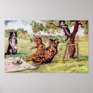 Apfel fällt auf zwei Katzen bei einem Picknick, Lo Poster