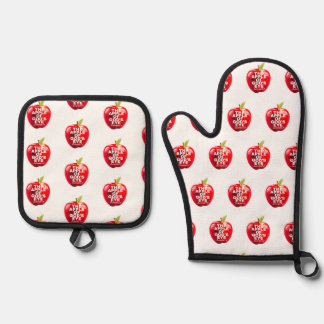 Apfel Gottes Augen rot und weiß Ofenhandschuh & Topflappen-Set