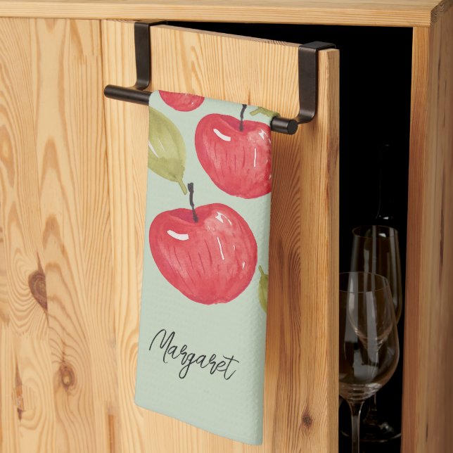 Apfel-Muster-Wasserfarbe Handgemaltes Monogramm Geschirrtuch (Drittel gefaltet)