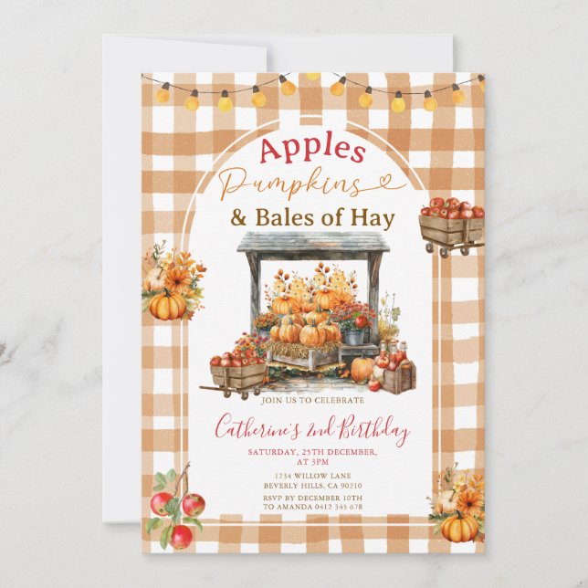 Äpfel Pumpkins und Bales von Hay Birthday Gingham Einladung (Vorderseite)