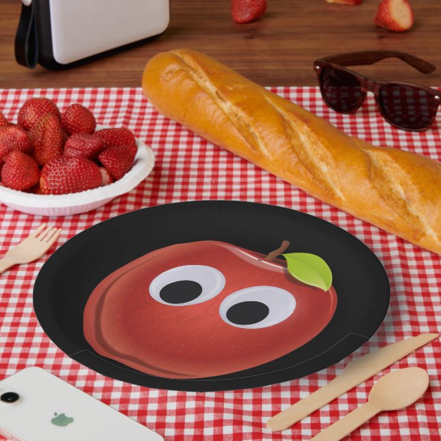 Apfel, rote Früchte mit google Augen - Personalisi Pappteller (Picknick)