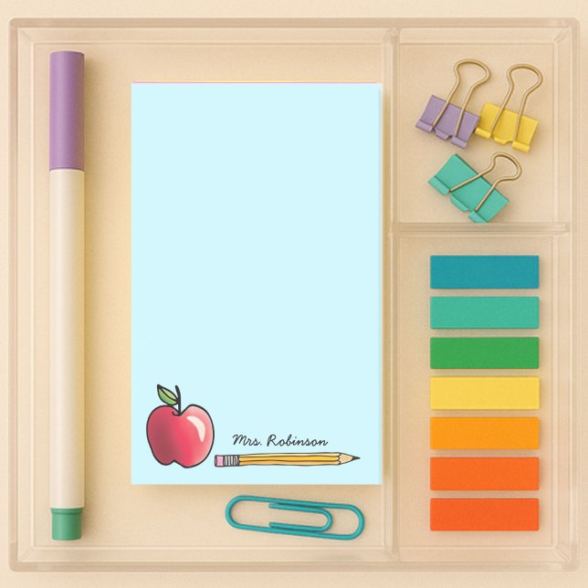 Apfel- und Bleistift-Personalisiert Lehrer Aqua 4  Post-it Klebezettel (4x6 sticky notes for teachers with an apple and pencil with custom name on an aqua blue background)