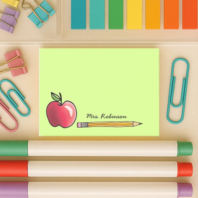 Apfel- und Bleistift-Personalisiert-Lehrer Green 4 Post-it Klebezettel (4 x 3 Teacher sticky notes with a cute design of an apple and pencil on lime green background.)