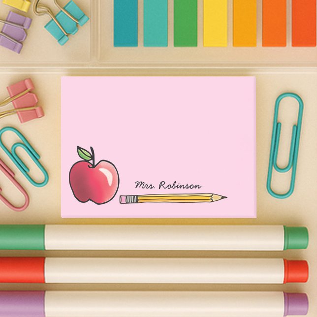Apfel- und Bleistiftehrer Personalisiert Pink 4x3 Post-it Klebezettel (4x3 sticky notes for teachers with a cute apple and pencil on with custom name on a pink background)