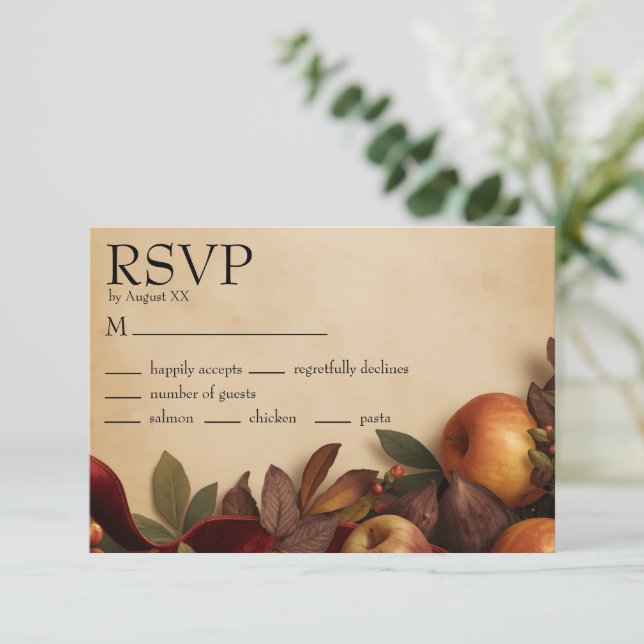 Äpfel und Feigen Rustikale Herbsthochzeit RSVP Karte (Stehend Vorderseite)