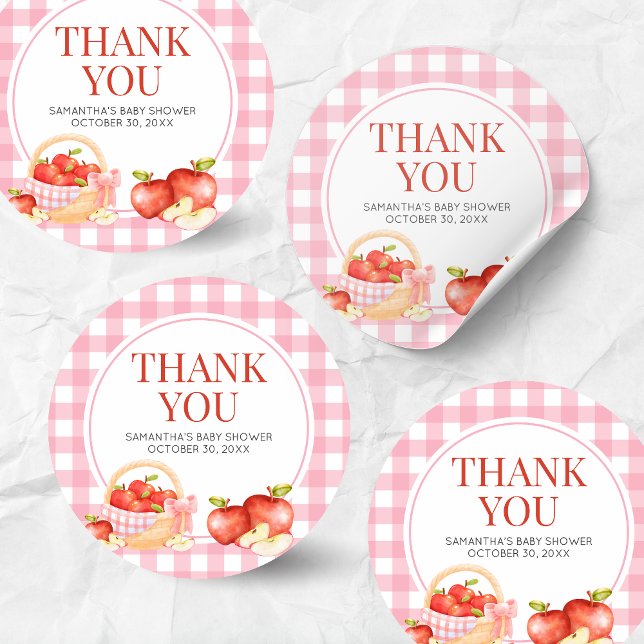 Apfel unserer Augenbabydusche Runder Aufkleber (The Apple of Our Eye Gingham Baby Shower Round Sticker)