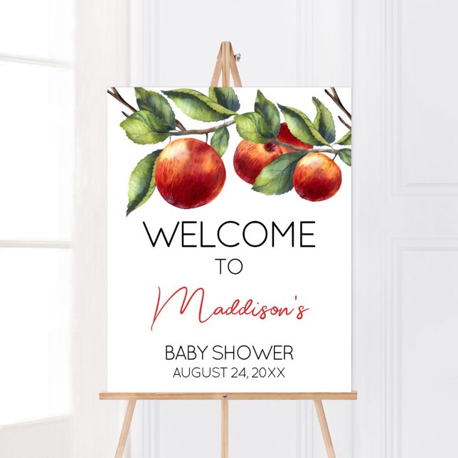 Apfel unserer Augenbabydusche Willkommen Poster (Red Apple Baby Shower Welcome Sign)