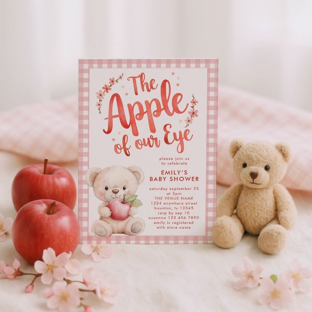 Apfel unserer Eye Pink Gingham Bear Baby Dusche Einladung (Von Creator hochgeladen)