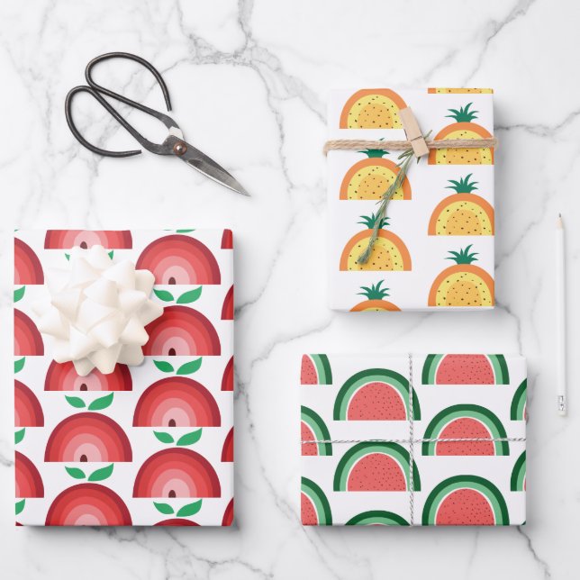 Apfel, Wassermelone, Ananas Obstwiesen Geschenkpapier Set (Vorderseite)