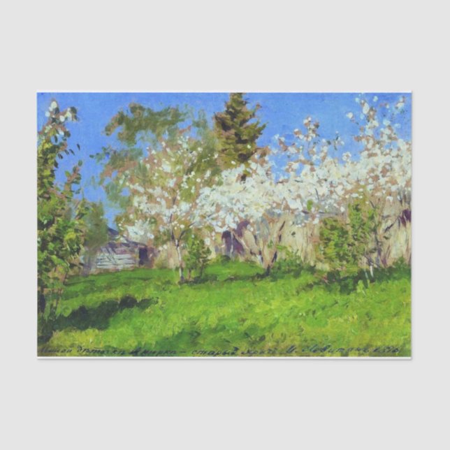 Apfelbäume in Blossom von Isaac Levitan Seidenpapier (Vorderseite)