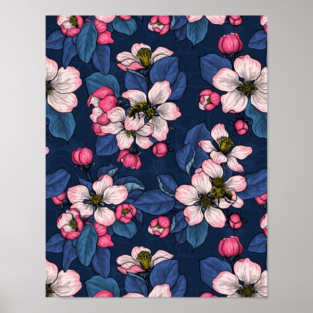 Apfelblüte auf dunkelblauem poster (Vorne)
