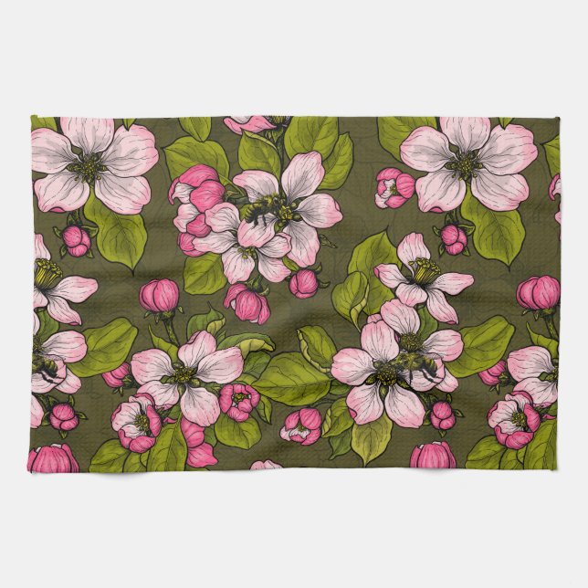 Apfelblüte auf dunkelgrün geschirrtuch (Horizontal)