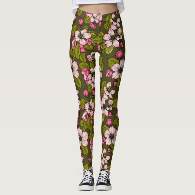 Apfelblüte auf dunkelgrün leggings (Vorderseite)