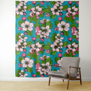 Apfelblüte auf Türkis Wandteppich