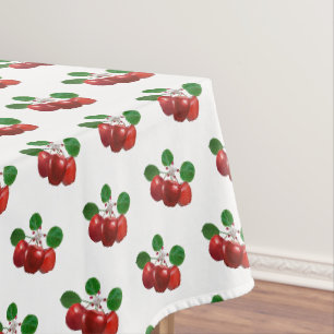 Apfelblüte und Früchte an einem Zweig auf Weiß Tischdecke