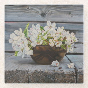 Apfelblüten-Stillleben – Original-Kunstwerk Glasuntersetzer