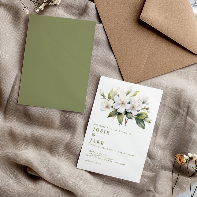 Apfelblüten weiße Blume zur Illustration der Hochz Einladung (Elaborate apple blossoms white flowers illustration, muted watercolor wedding invitation.)