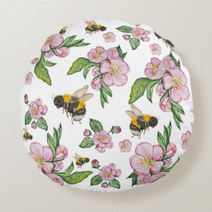 Apfelblütenbaum und Bienenaquarellmuster Rundes Kissen