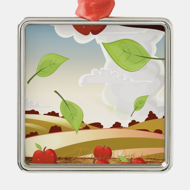 Apfelgartenlandschaft Cartoon Silbernes Ornament (Vorne)
