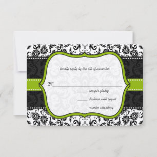 Apfelgrün schwarze Vintage-Damask-Hochzeitseinladu RSVP Karte