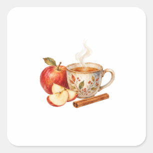 Apfelscheiben und Teetasse Quadratischer Aufkleber