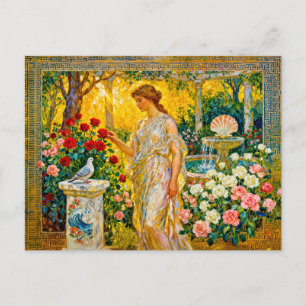 Aphrodite im Rosengarten mit Brunnen, Muschel und  Postkarte